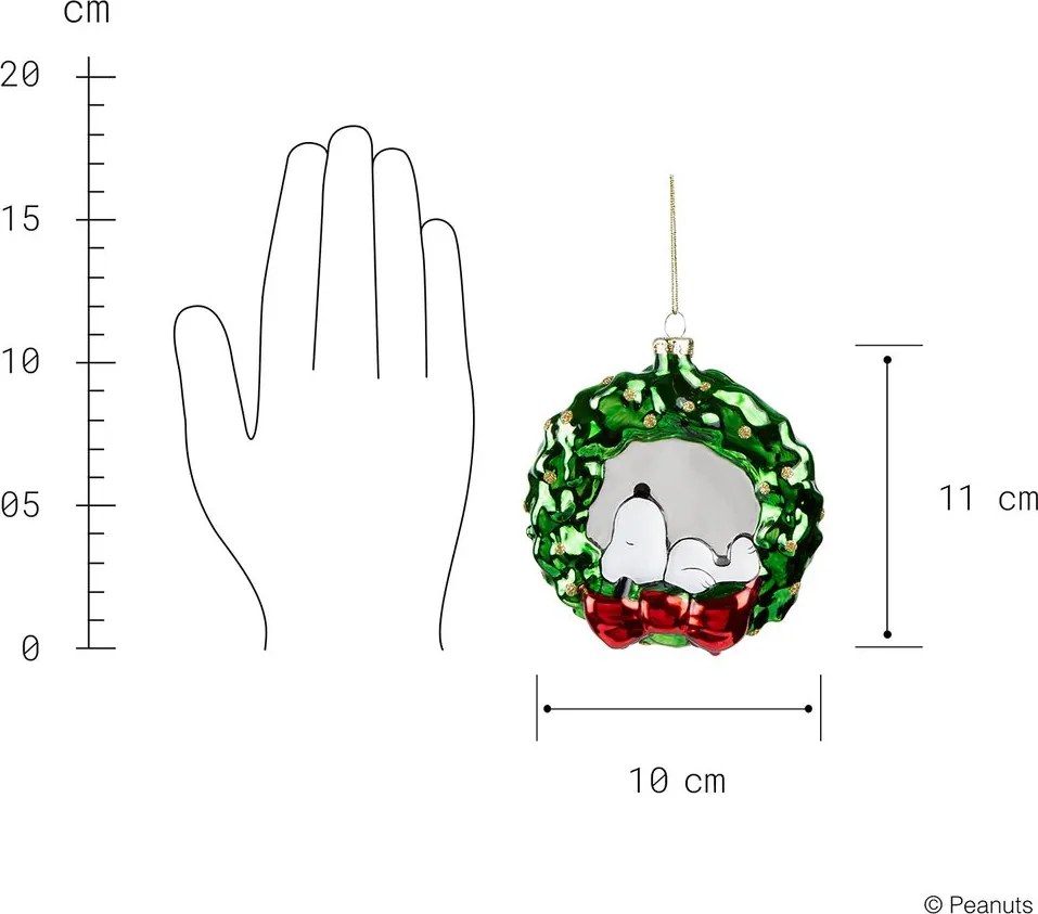 PEANUTS üveg karácsonyfadísz, Snoopy koszorúban, 11 cm