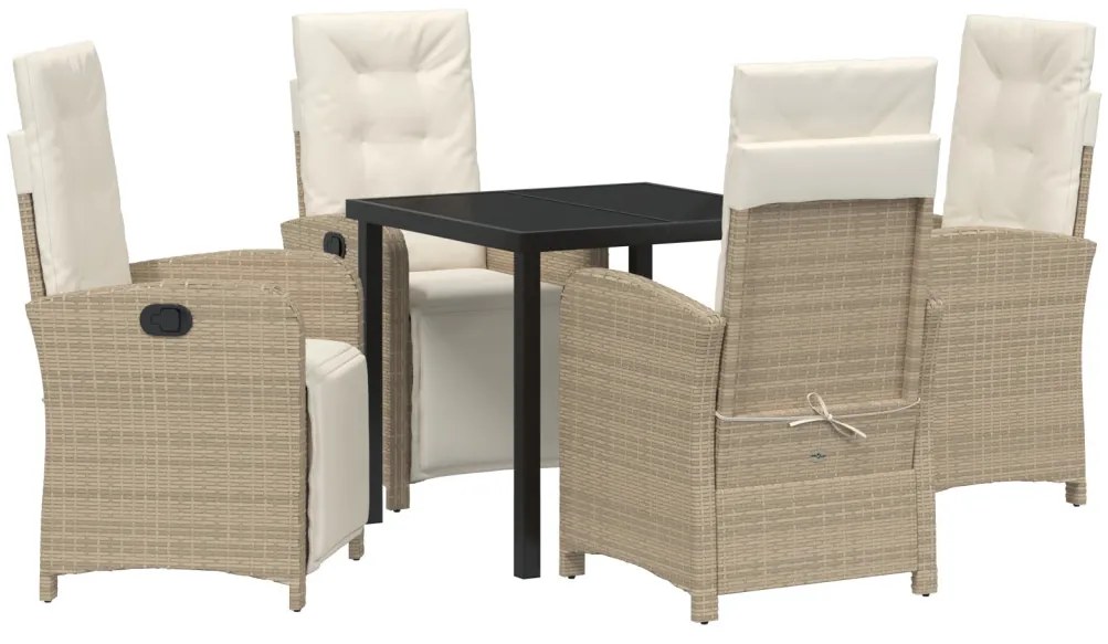 5 darabos Kert Étkező Szett Párnákkal Bézs Poli Rattan, Kerti Asztal Fekete 80x80x73 cm Edzett Üveg