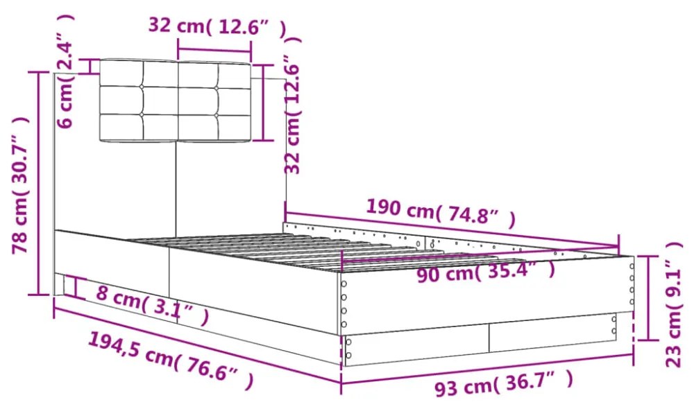 füstös tölgy színű szerelt fa ágykeret fejtámlával 90 x 190 cm