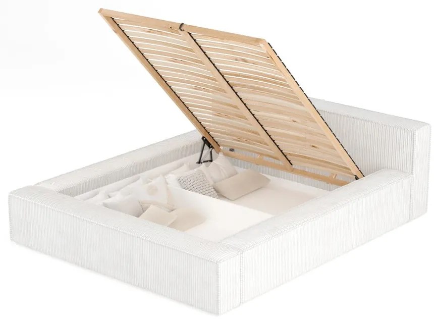 Krémszínű kárpitozott ágyneműtartós franciaágy ágyráccsal 200x200 cm Voliera – Maison de Rêve