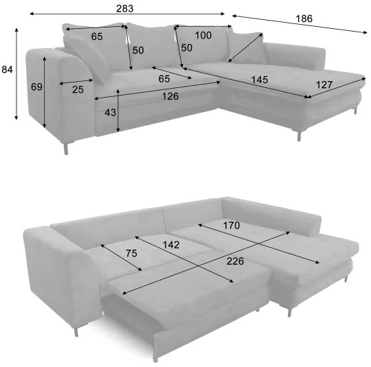 Kihúzható, tárolóhellyel rendelkező L-alakú jobb oldali sarok ülőgarnitúra LAGOA, bézs/barna