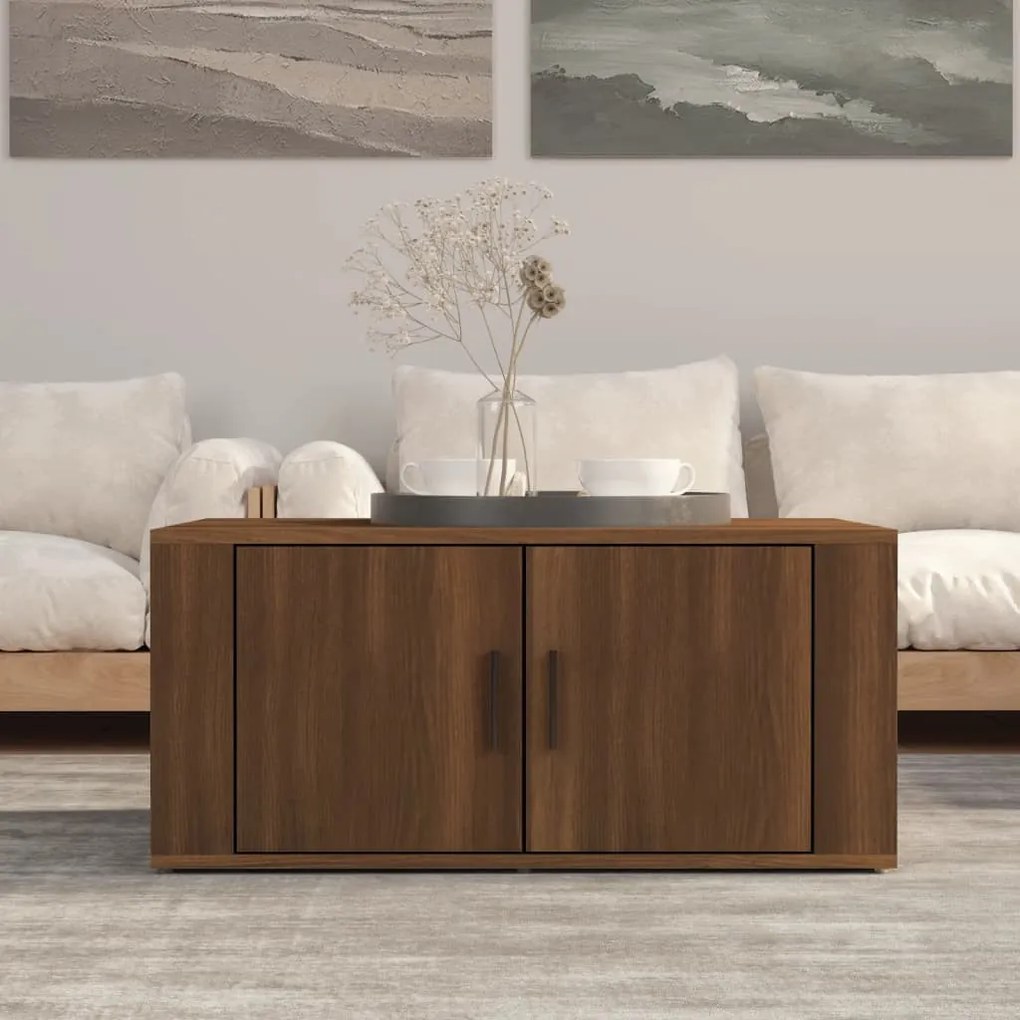 Barna tölgy színű szerelt fa dohányzóasztal 80 x 50 x 36 cm