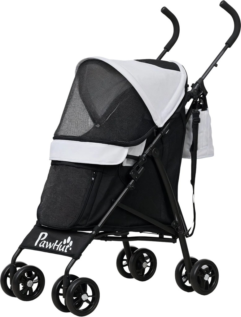 PawHut Kutya Babakocsi - Összecsukható Kutyáknak és Macskáknak, Háló Ablakokkal, Vállszíjjal, Tárolótáskával, Pohártartóval, Napernyővel - Világosszür