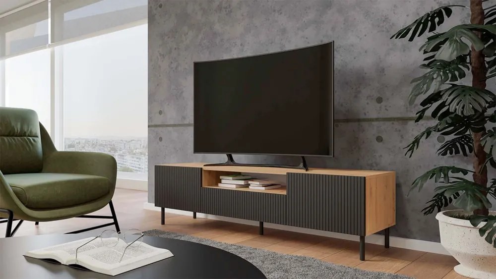 Aldabra MIX RTV KAMA160 TV állvány (egyenes mintázat), 160x43x40 cm, tölgy-fekete