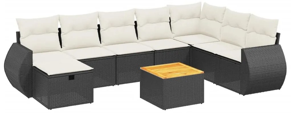 9 részes fekete polyrattan kerti ülőgarnitúra párnákkal
