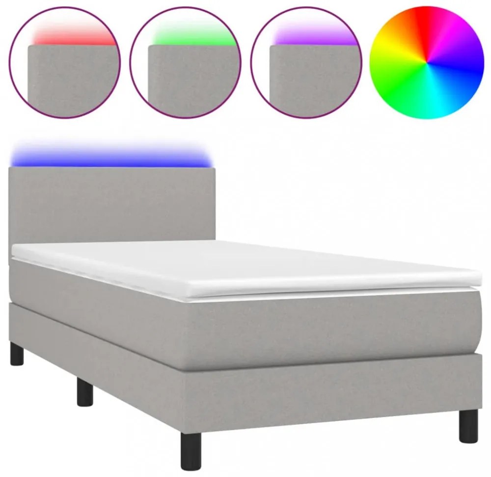 világosszürke szövet rugós és LED-es ágy matraccal 90x200 cm
