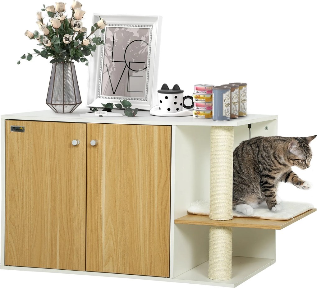 PawHut 3 az 1-ben Macskaalom Bútor, Oldalasztal Macskaalom Doorgal, Párnahuzat, Kaparó és Játék Központ a Nappaliba és a Hálószobába 94x48x50.5 cm Töl