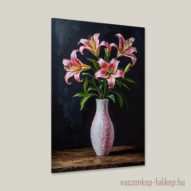 Rózsaszín liliom csokor mozaikvázában – elegáns prémium falikép 40x60cm