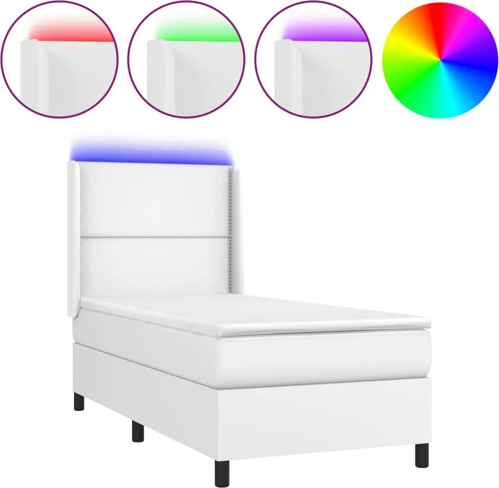 vidaXL fehér műbőr rugós ágy matraccal és LED-del 90x200 cm