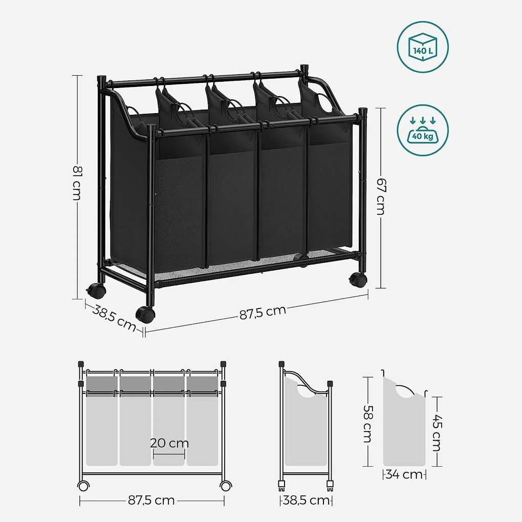 Szennyeskosár görgőkkel 4 x 35L, 4 kivehető táskával, fekete