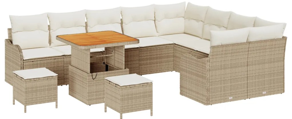 12 Részes Kerti Kanapészett Párnákkal Bézs Poly Rattan Acacia