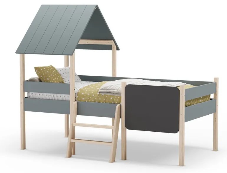 Szürkészöld borovi fenyő házikó alakú-galéria gyerekágy ágyráccsal 90x190 cm Mint – Marckeric