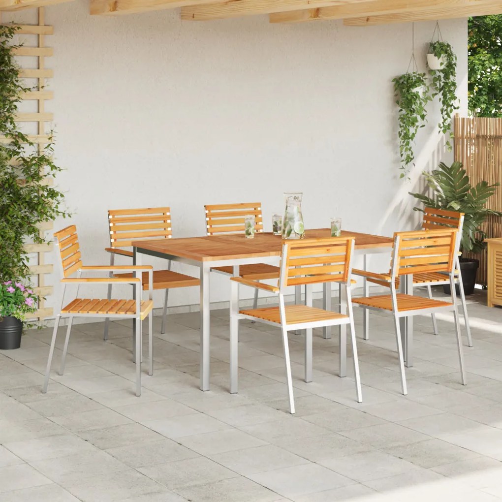 7 Részes Kerti Étkezőszett Tömör Fa Tík, Kültéri Étkezőasztal 150x90x75 cm Tömör Fa Tík, Összecsukható Kerti Székek 2 db Tömör Fa Tík és Acél, Összecsukható Kerti Székek 4 db Tömör Fa Tík és Acél