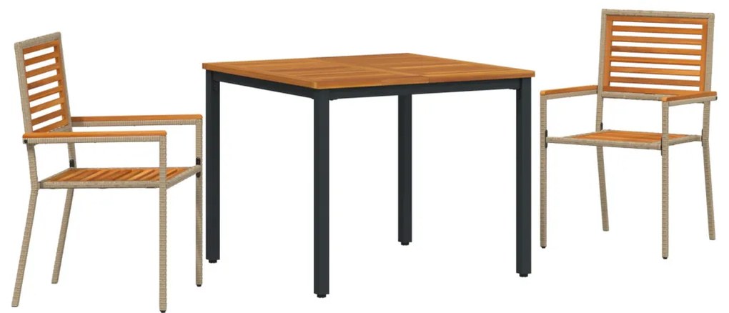3 részes kerti étkezőszett Bézs poly rattan akáciából, Összecsukható kerti székek párnákkal - 2 darab Bézs poly rattanban, Kerti asztal 90x90x75 cm Szilárd akácia fa és fém