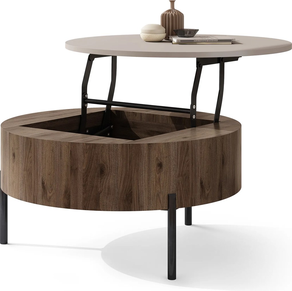 Mazzoni FRIDA Bézs Taupe / Elegáns Diófa – MODERN DOHÁNYZÓASZTAL FELHAJTHATÓ LAPPAL ÉS TÁROLÓVAL