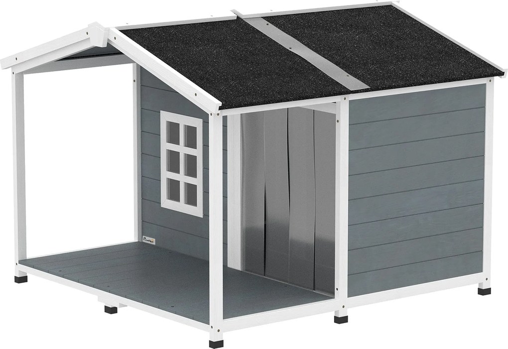 PawHut vízálló fa kültéri kutyaház — 103 x 107 x 83,5 cm, emelt kennel felnyitható aszfalt tetővel, terasszal és ablakkal — Szürke — Közepes kutyáknak