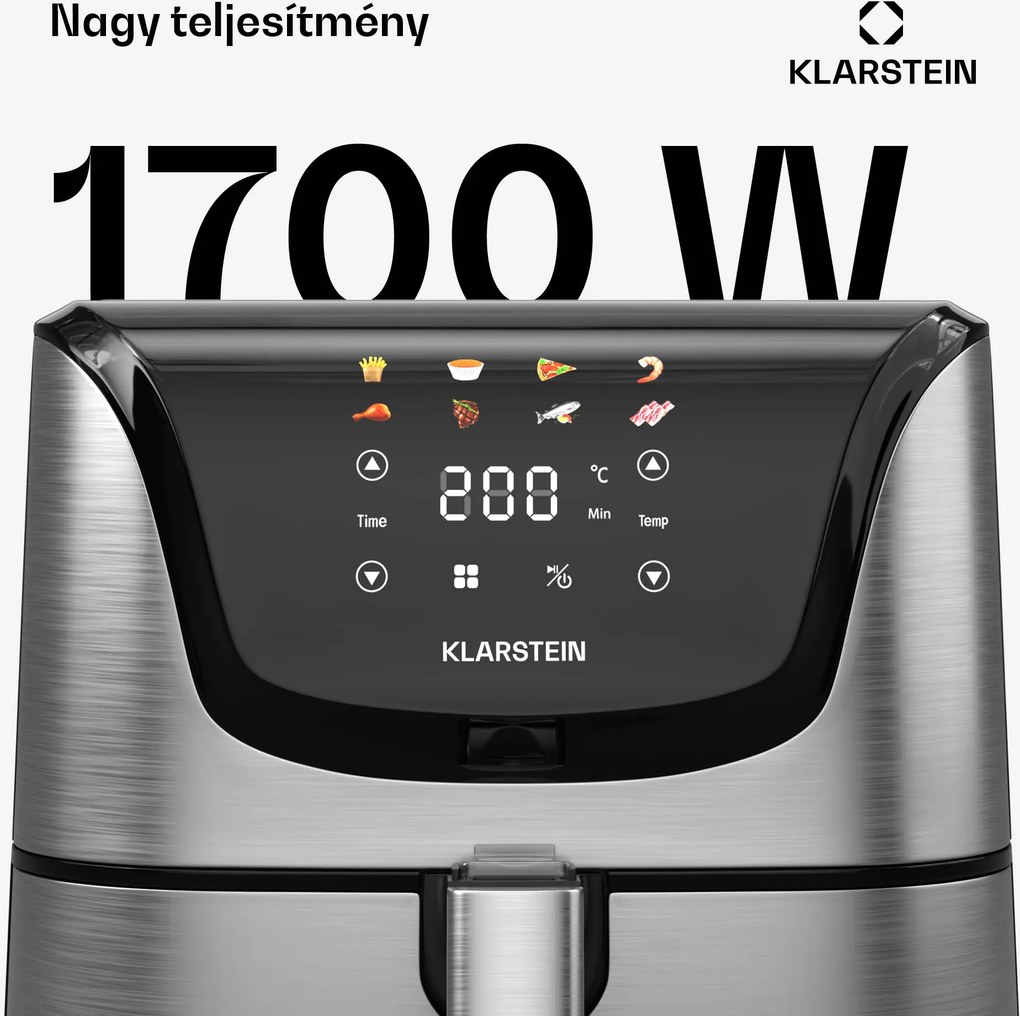 Klarstein AeroVital Deluxe forrólevegős fritőz, 1700 W, 8 program, tartozékokkal együtt, 200°C, Időzítő