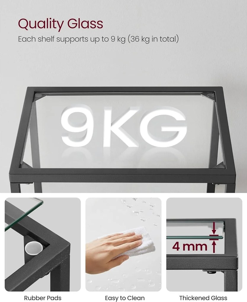 4 szintes üvegpolc, könyvespolc, fekete