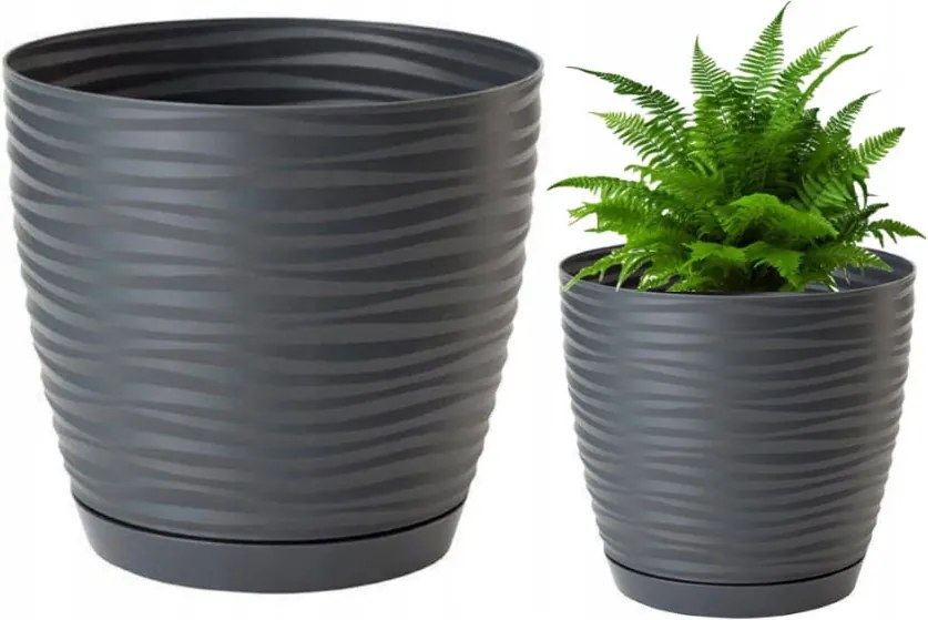 Antracit színű műanyag virágcserép alátéttel, díszes, virágokhoz, 10,7x11 cm