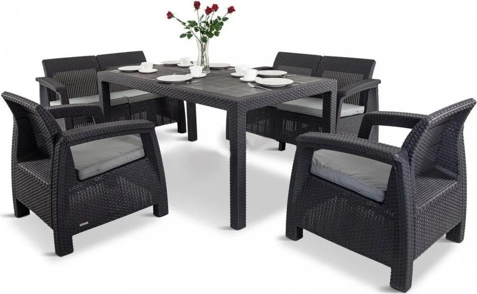 Corfu fiesta set kerti bútor garnitúra, grafit színben, világos szürke párnával