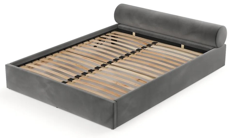 Sötétszürke kárpitozott ágyneműtartós franciaágy ágyráccsal 200x200 cm Solvo – Maison de Rêve