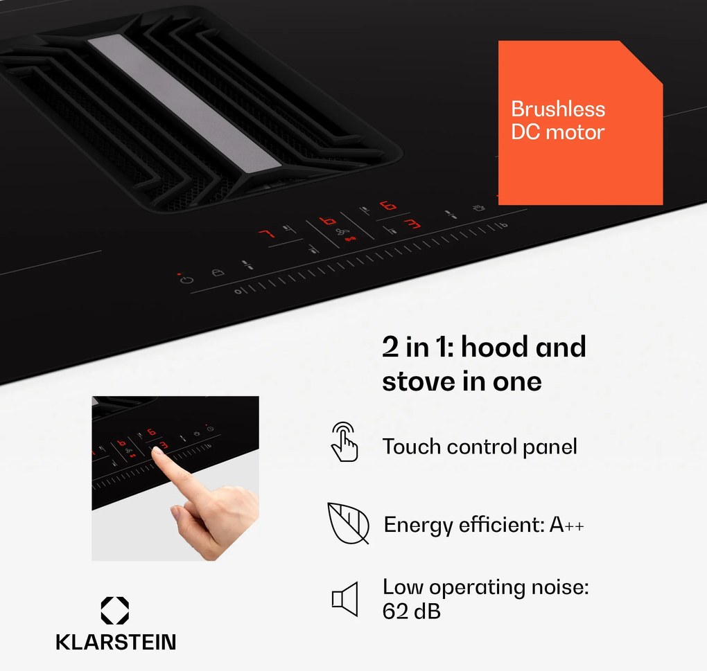 Klarstein AirJet 90, Down Air System, indukciós tűzhely + DownAir-páraelszívó, 754 m³/ó, A