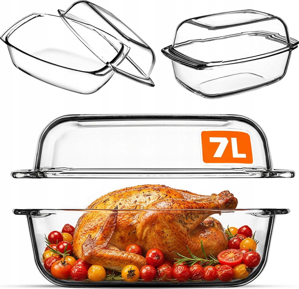 Hőálló Edény 7L-ES Fedővel, Téglalap Alakú, Nagy Üveg