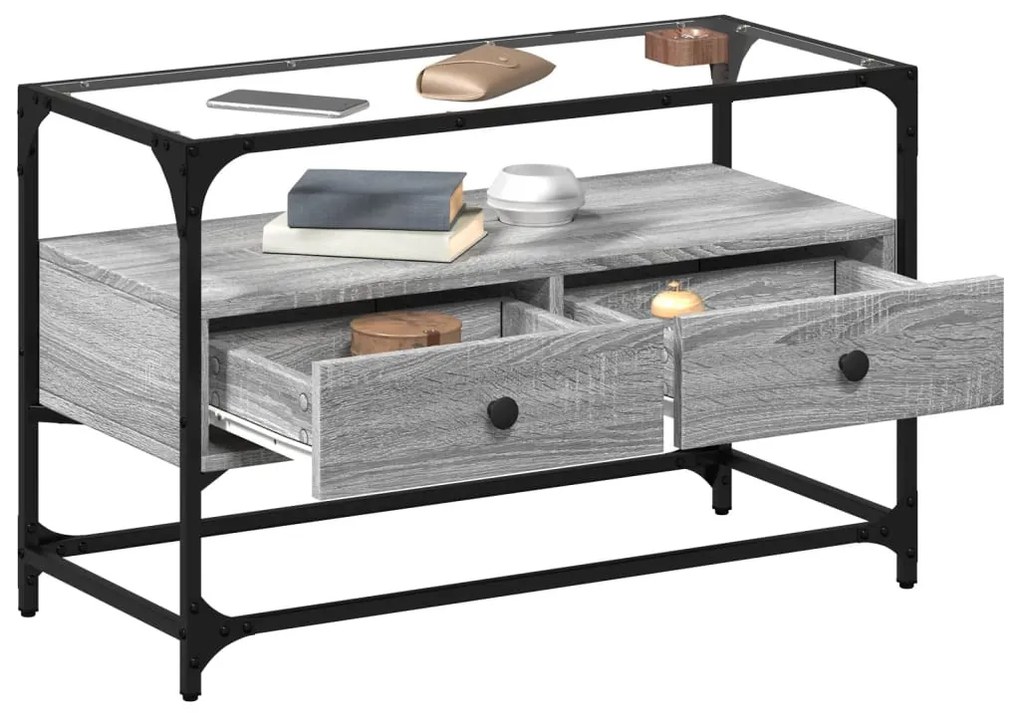 szürke sonoma szerelt fa TV-szekrény üveglappal 80 x 35 x 51 cm