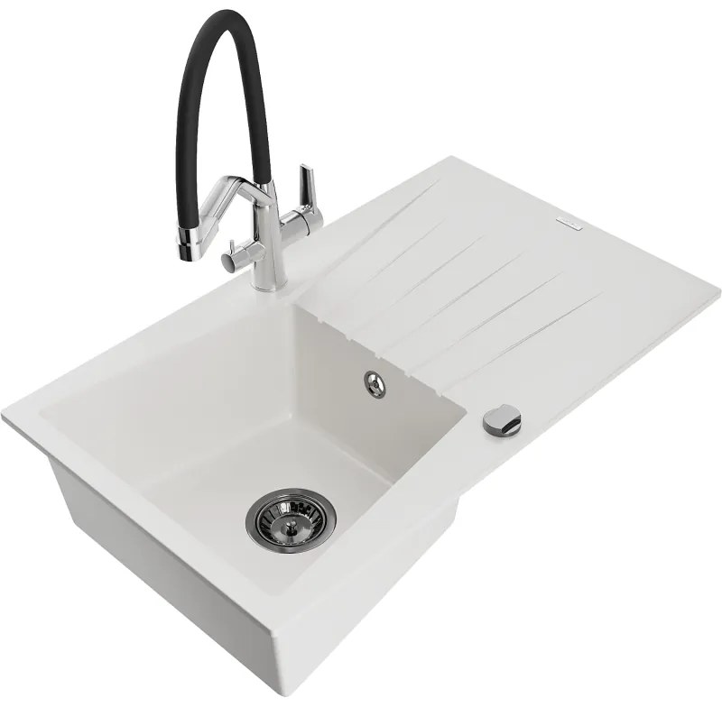 Mexen Cesar 1 rekeszes gránit mosogató lefolyóval és Duo konyhai csapteleppel, fehér - 6514-20-671701-07-B
