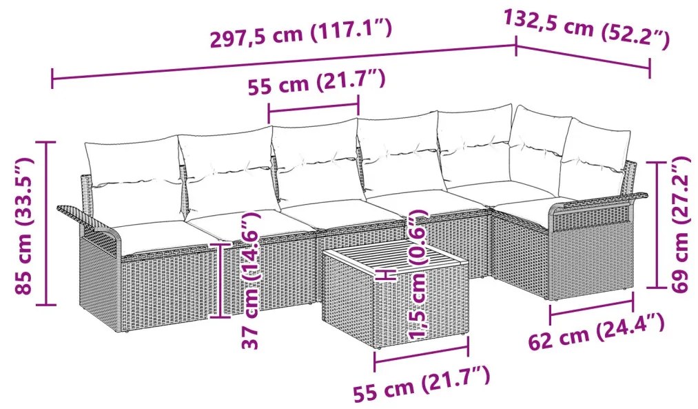 7 részes kertibútor szett párnákkal fekete poli rattan akác