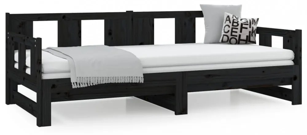 fekete tömör fenyőfa kihúzható kanapéágy 2 x (80 x 200) cm