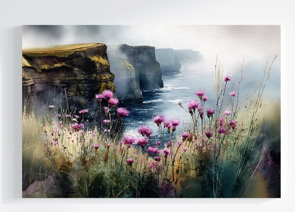 Vászonkép Canvas Tájkép Írország Mohair Sziklák Bogáncs Virágok 120x80