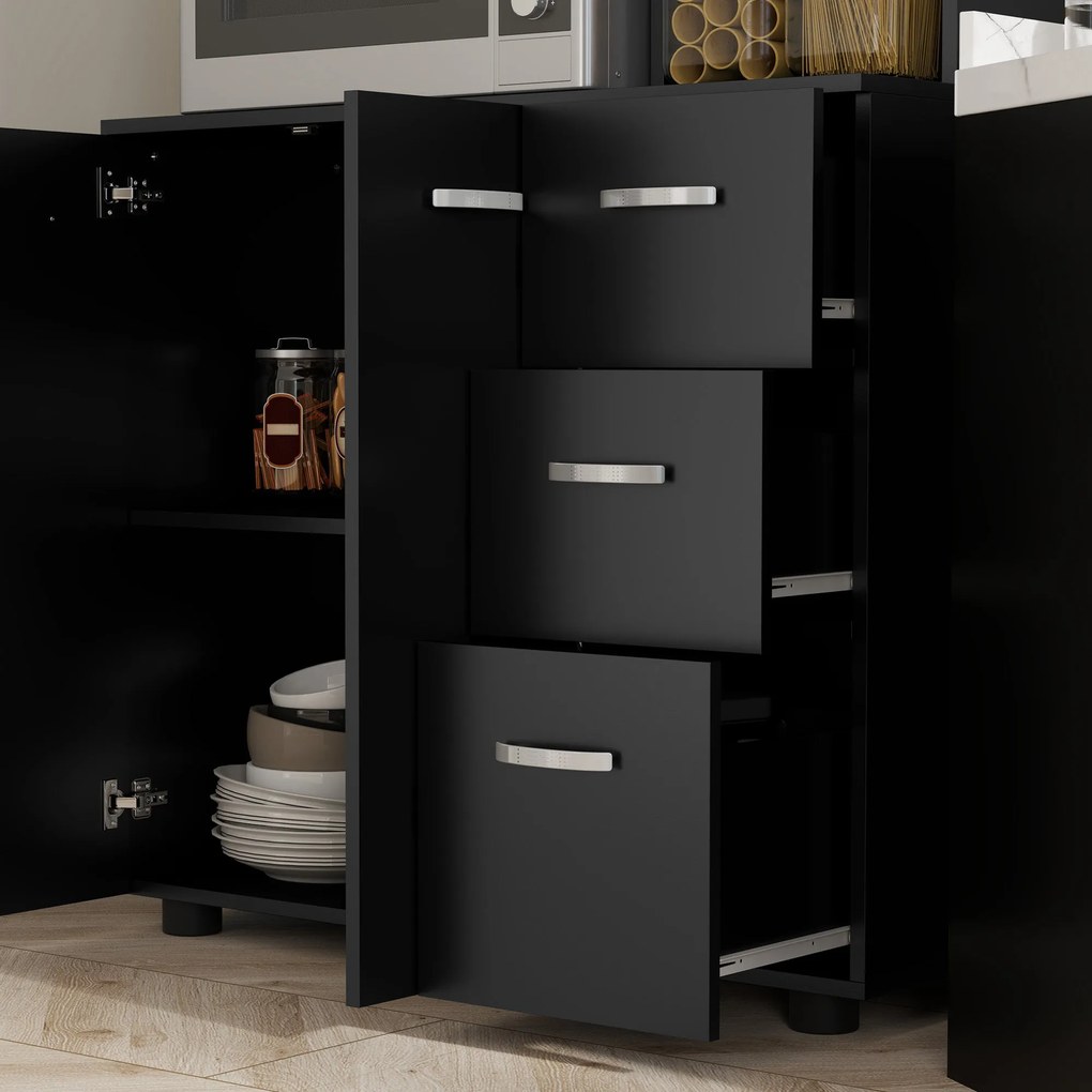 HOMCOM Többfunkciós Konyhaszekrény 4 Ajtóval, 3 Fiókkal és Polccal + Nagy Munkaasztal 89L x 39.5W x 168H cm Fekete | Aosom