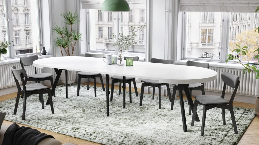 Mazzoni EXPANSO Fehér Matt/fekete lábak - LOFT/IPARI STÍLUSÚ 310 cm-re BŐVÍTHETŐ NAGY KEREK ASZTAL Ø110 Y LÁBAKKAL