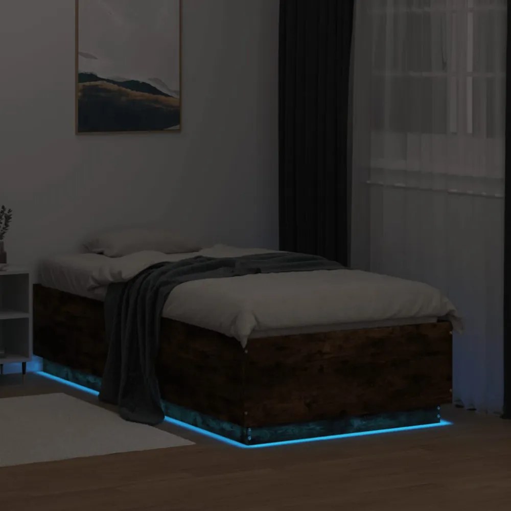 füstös tölgy színű szerelt fa ágykeret LED-del 75x190 cm