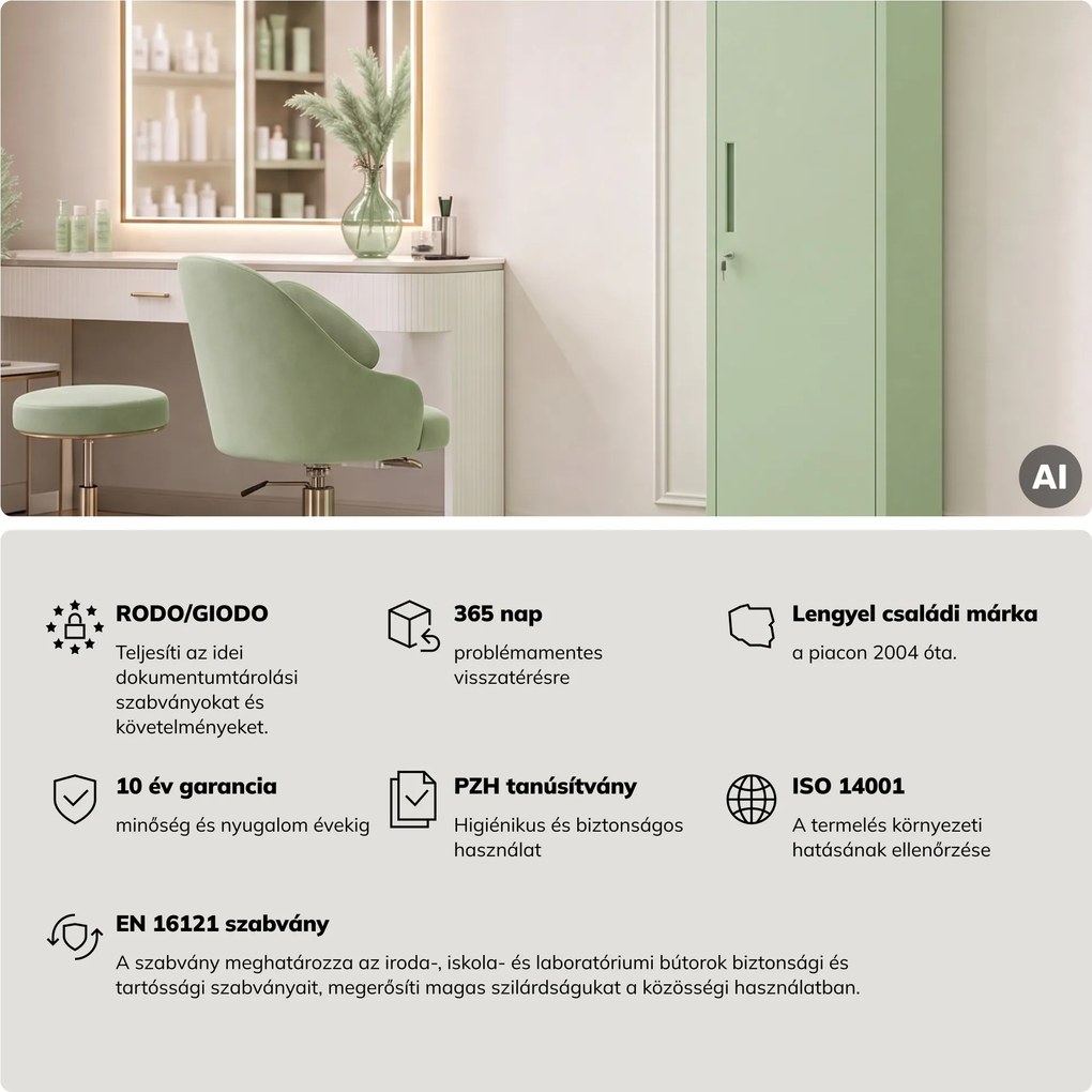 Keskeny fém irodai iratszekrény, pasztellzöld, 450x1850x400 mm: ALEX Fresh Style