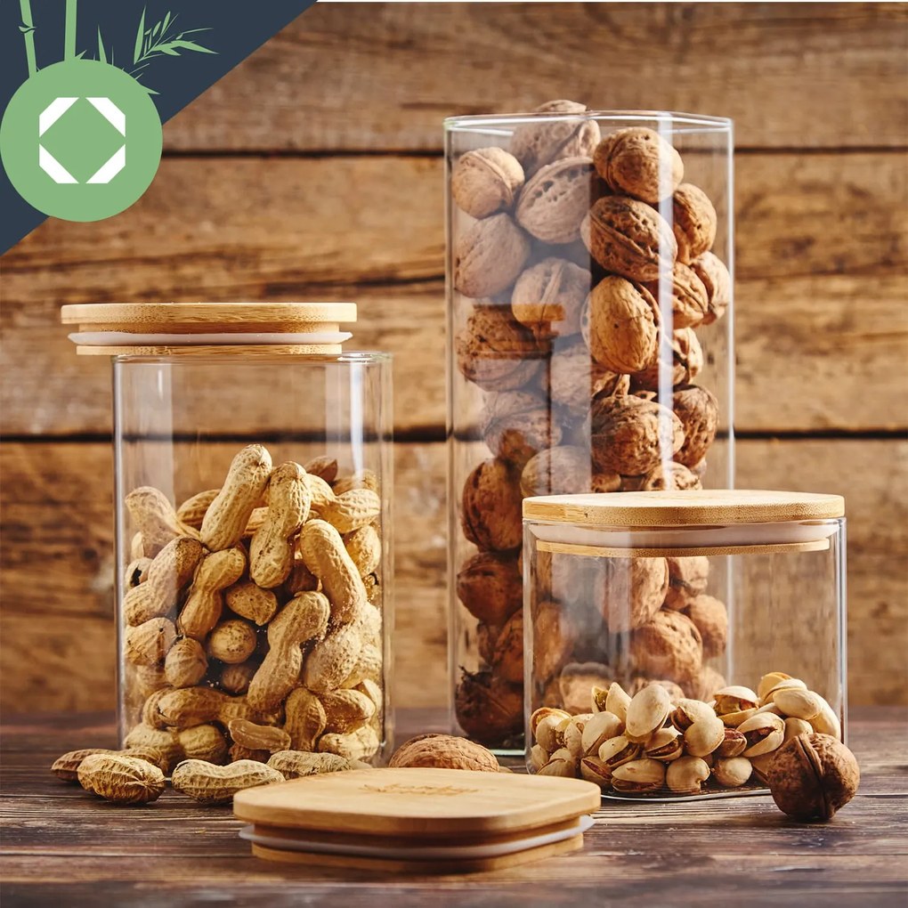 Klarstein Szögletes élelmiszertároló edény bambusz fedéllel, 10 × 20,5 × 10 cm, 3 × 1500 ml, légmentes, szilikon tömítéssel