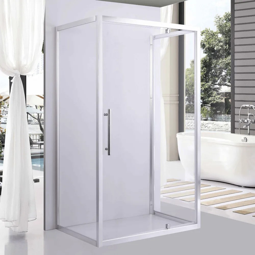 Stuxi Torino 110x80 falsíkra szerelhető 3 oldalú nyílóajtós zuhanykabin 6 mm vízlepergető biztonsági üveggel, króm elemekkel, 200 cm magas