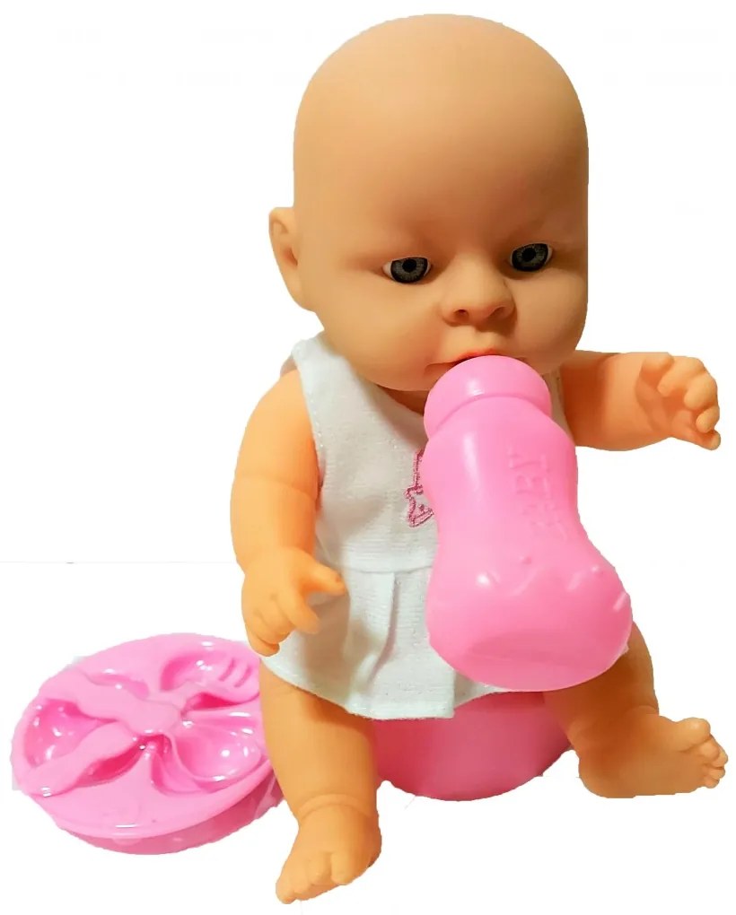 Gügyögő Nevető Síró Pisilő Élethű Játék Baba Étkészlettel, és Bilivel 28 Cm