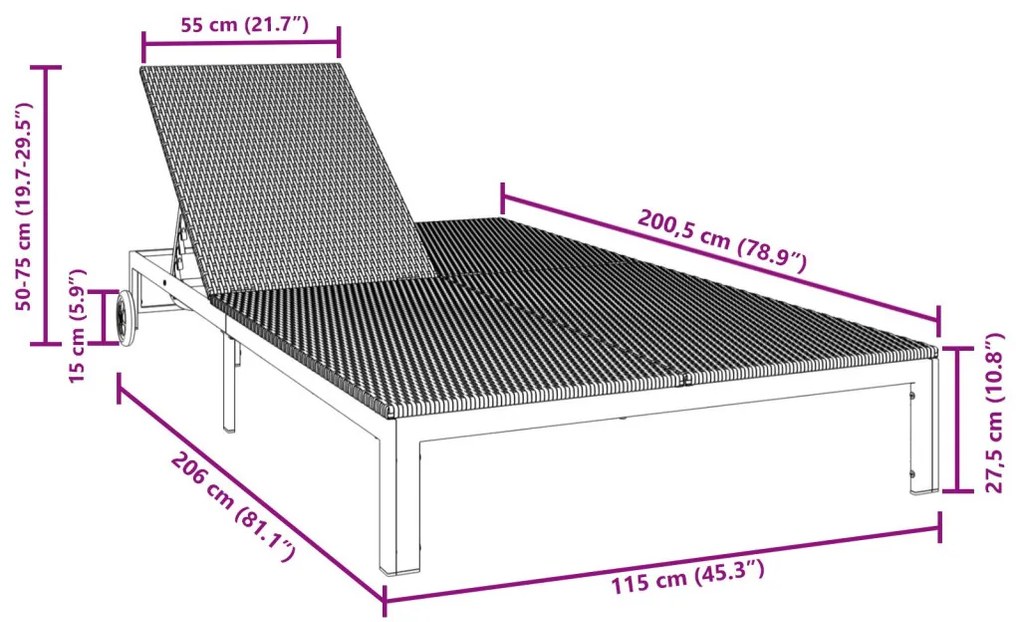 Napozóágy Párnákkal és Kerekekkel 2 Személyes Fekete Poli Rattan