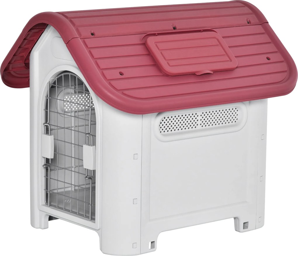 PawHut Kutyaház Kültéri Kennel Tetőablakkal és Ajtóval Kisebb Kutyák és Kisállatok Számára, Légtérés, Vízálló Fém Műanyag Piros + Világosszürke 59 x 7