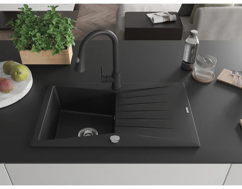 Mexen Cesar, 1 kamrás gránit mosogató 775x470x190 mm és Elia mosogató csaptelep, fekete, 6514-77-670101-70