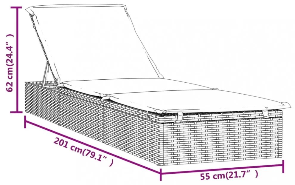 1 db fekete polyrattan napozóágy párnával 201 x 55 x 62 cm