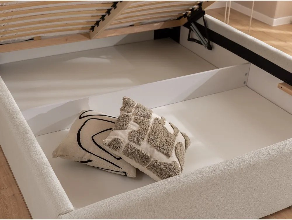 Bézs kárpitozott ágyneműtartós franciaágy ágyráccsal 180x200 cm Cille – Ropez