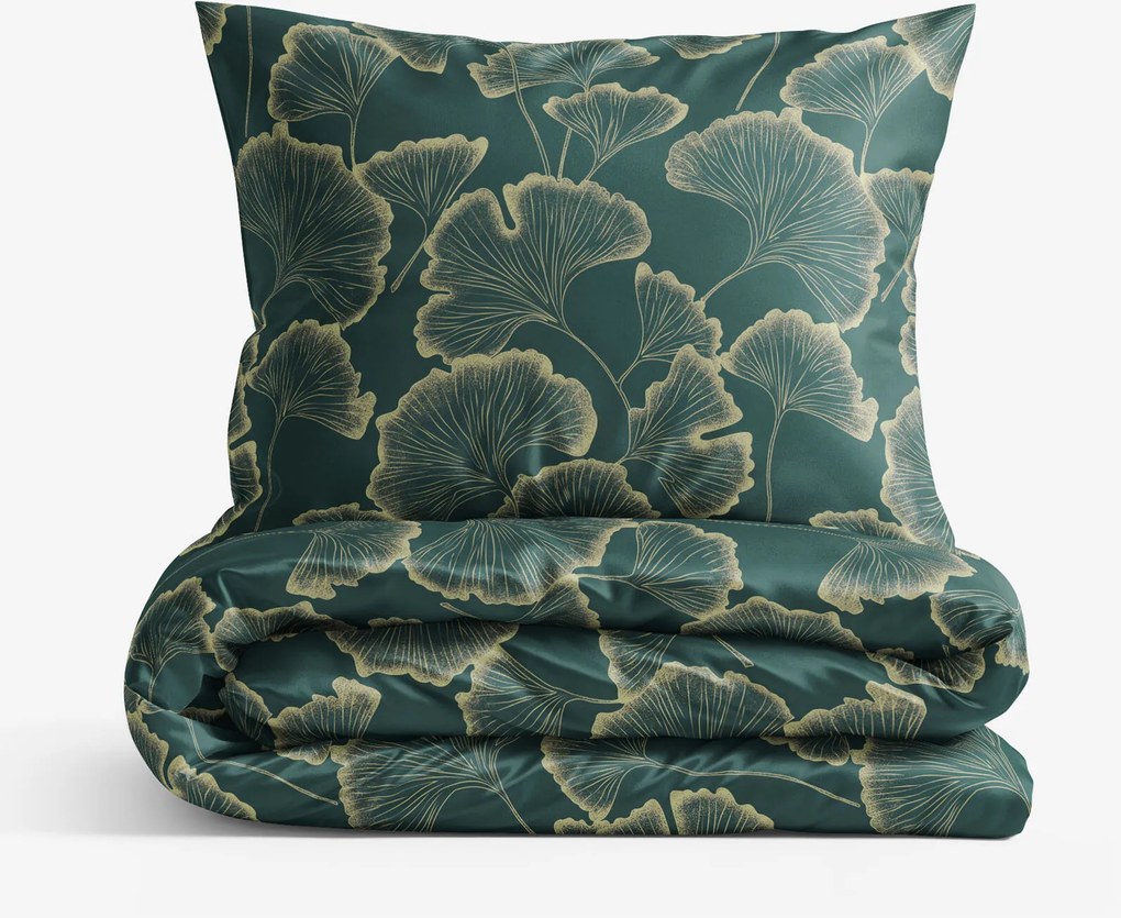 Goldea pamutszatén ágyneműhuzat - ginkgo levelek sötétzöld alapon 140 x 200 és 70 x 90 cm