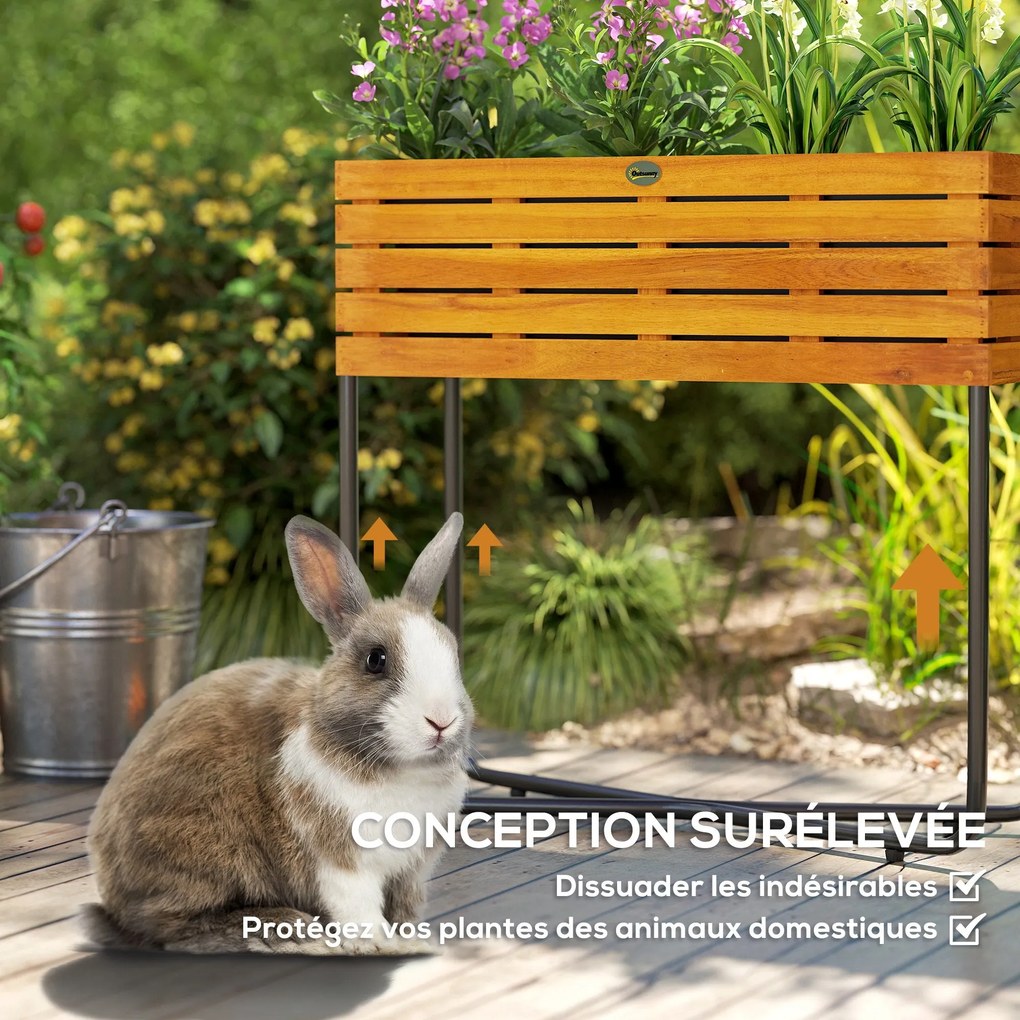 Outsunny Téglalap alakú Emelt Virágtartó Állvány Draináló Lyukakkal Belső és Külső Használatra, Balkon Kerthez, Akác Fából és Acélból készült, 62 x 22