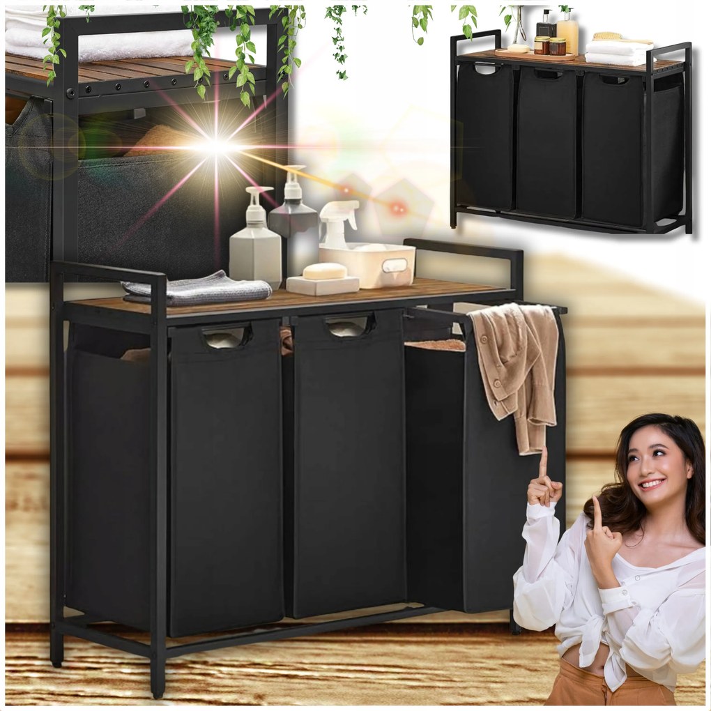 Nagy szennyeskosár, szennyestartó, szennyesválogató polccal Loft stílus!