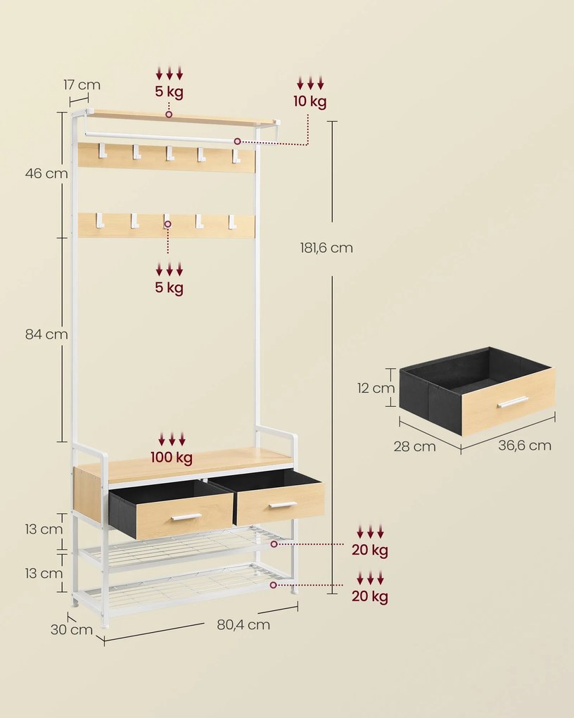 Kabátállvány cipőpaddal, 2 fiók, 10 akasztó, matt arany tölgy