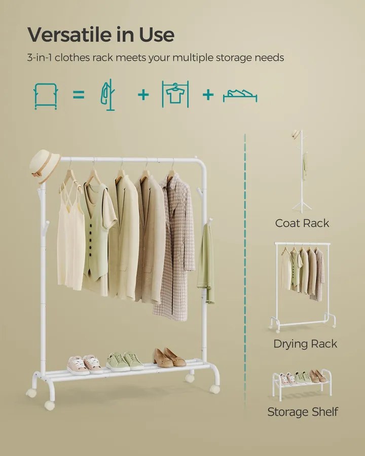 Ruhafogas kerekekkel és polccal, strapabíró fémváz, felhőfehér