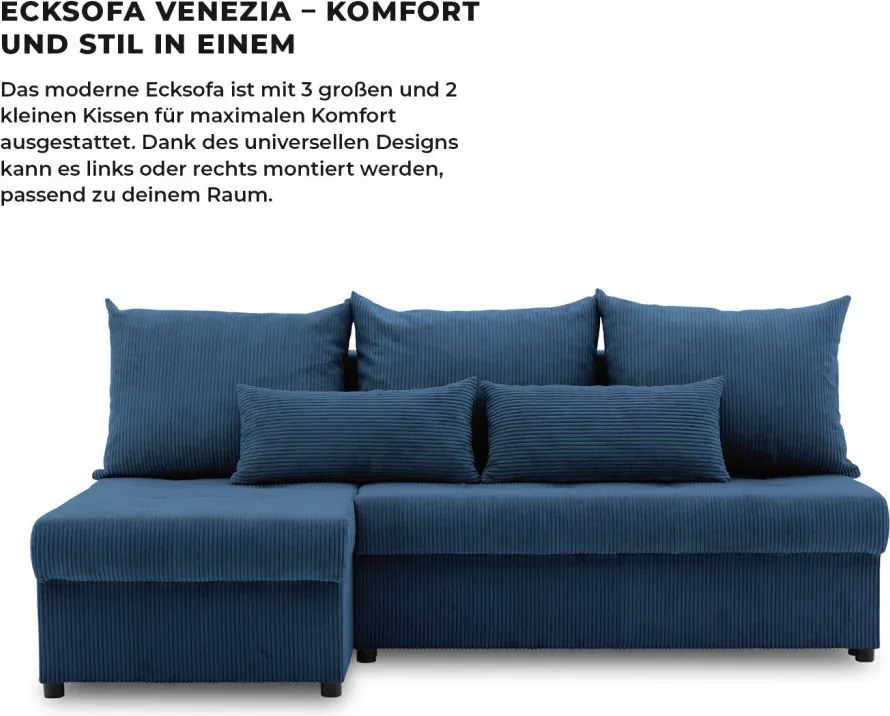 Venezia sarokkanapé, kordbársony, univerzális oldal, bonell töltet, kék